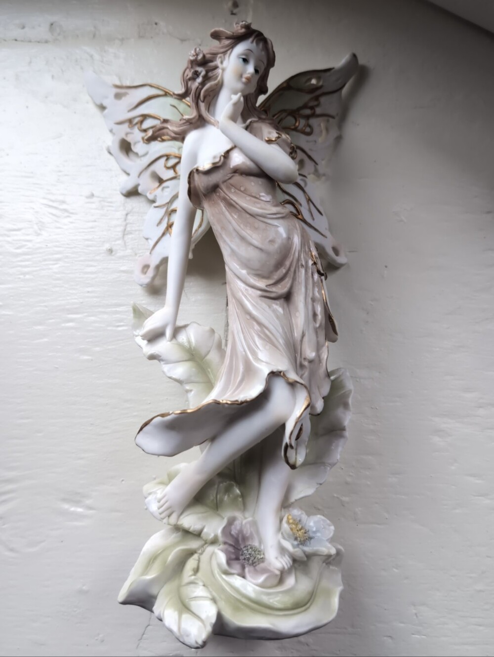 Vintage white, green and gold 12 inch resin fairy figurine with floral details